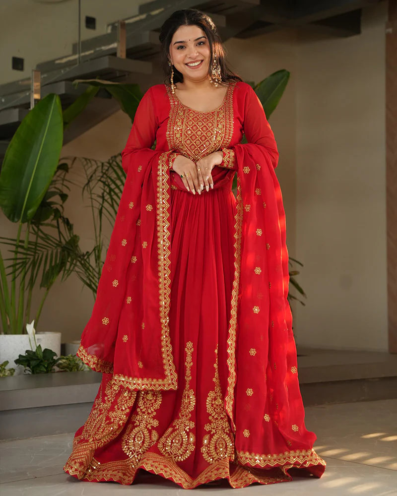 Womenline Red Color Faux Blooming Embroidered Gown