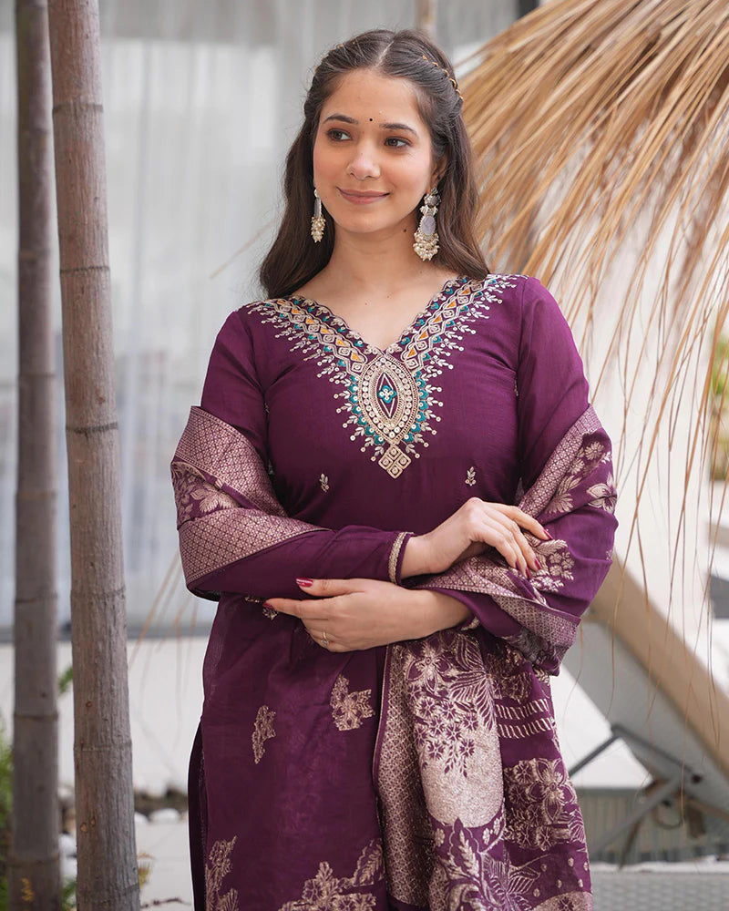 Womenline Wine Color Roman Silk Embroidered Three Piece Kurti Suit