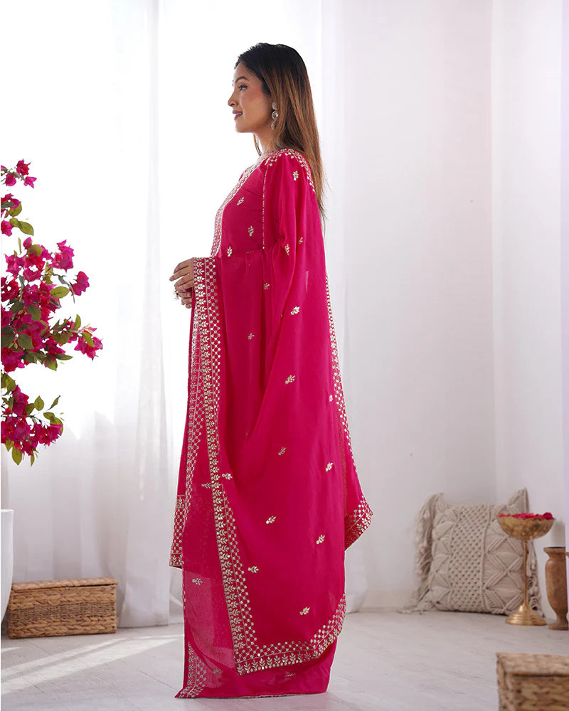 Womenline Rani Pink Color Chinon Silk Three Piece Kurti Suit