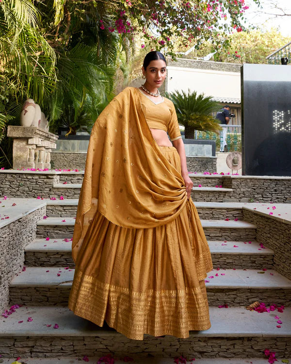 Womenline Mustard Color Pure Chanderi Plain Half Saree