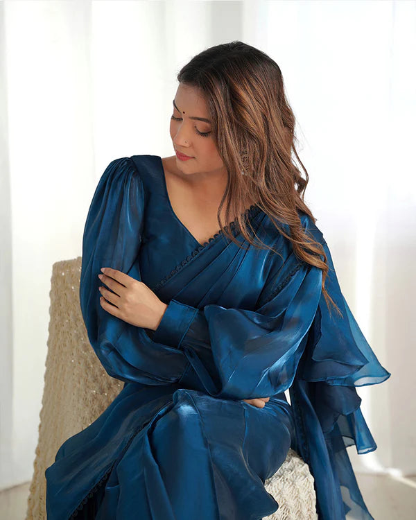 Womenline Teal Blue Color Soft Organza Saree