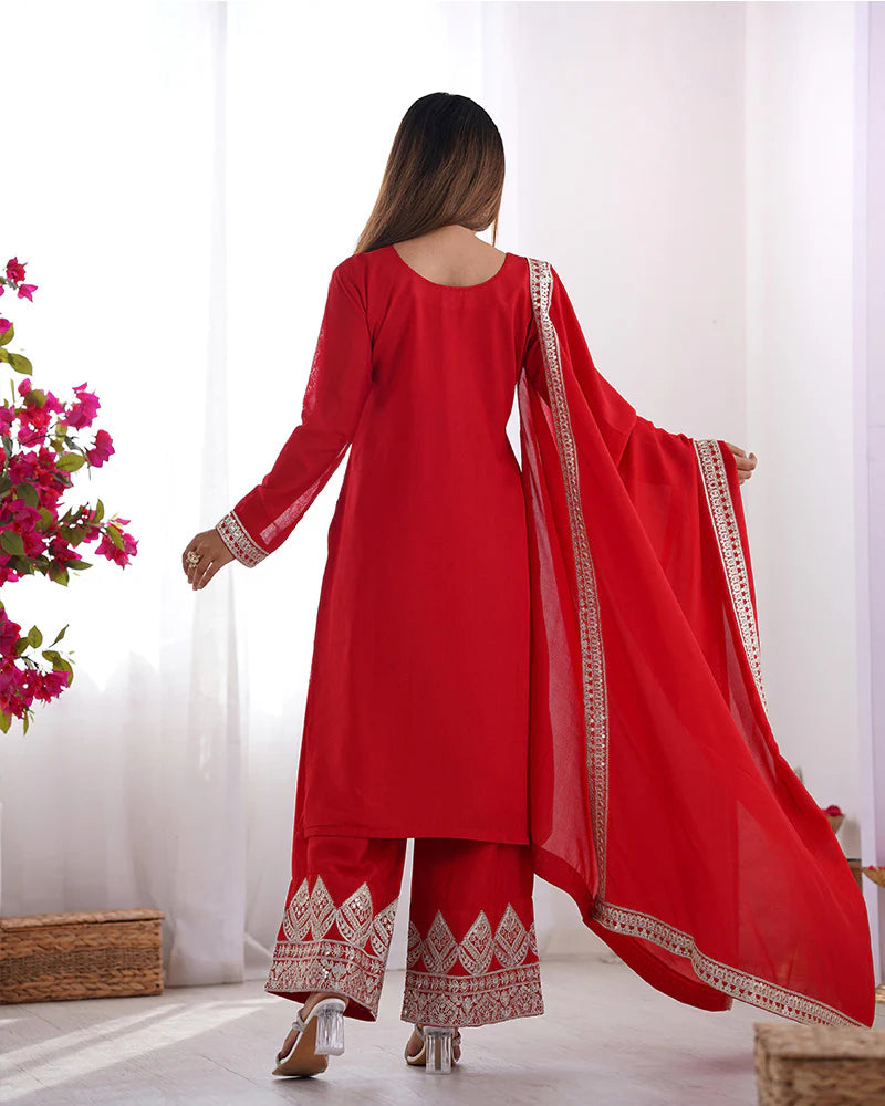 Womenline Red Color Vichitra Silk Three Piece Kurti Suit