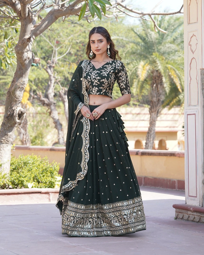 Womenline Wedding Wear Dark Green Color Designer Blooming Semi stitched Lehenga Choli