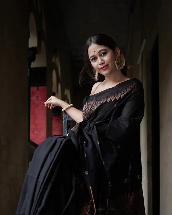 Womenline Black Color Banarasi Jacquard Soft Silk Saree