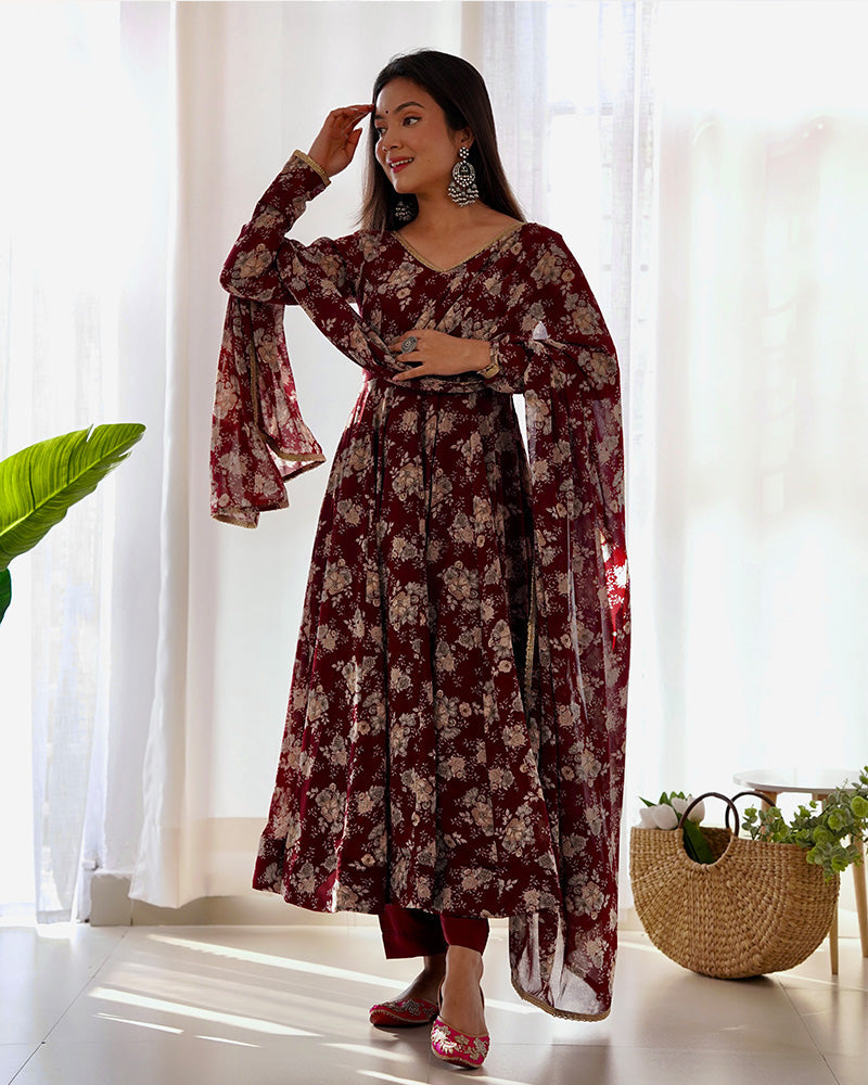 Womenline Dark Maroon Color Georgette Three Piece Anarkali Suit