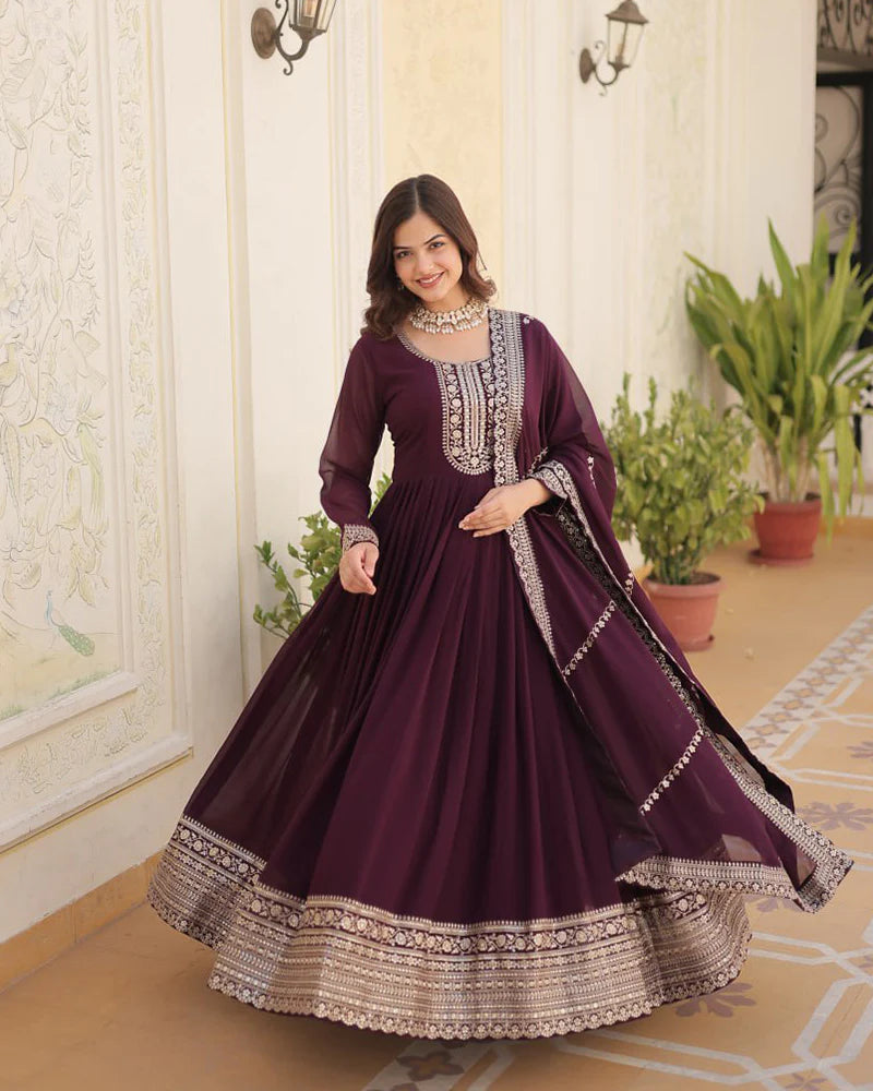 Womenline Wine Color Faux Blooming Rich Sequence Embroidered Gown