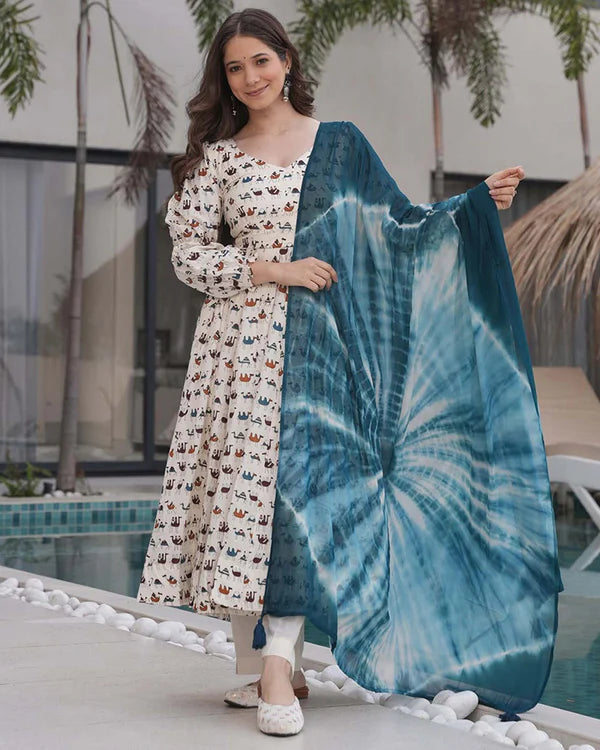 Womenline White Color Printed Pure Cotton Angarkha Style Anarkali Suit