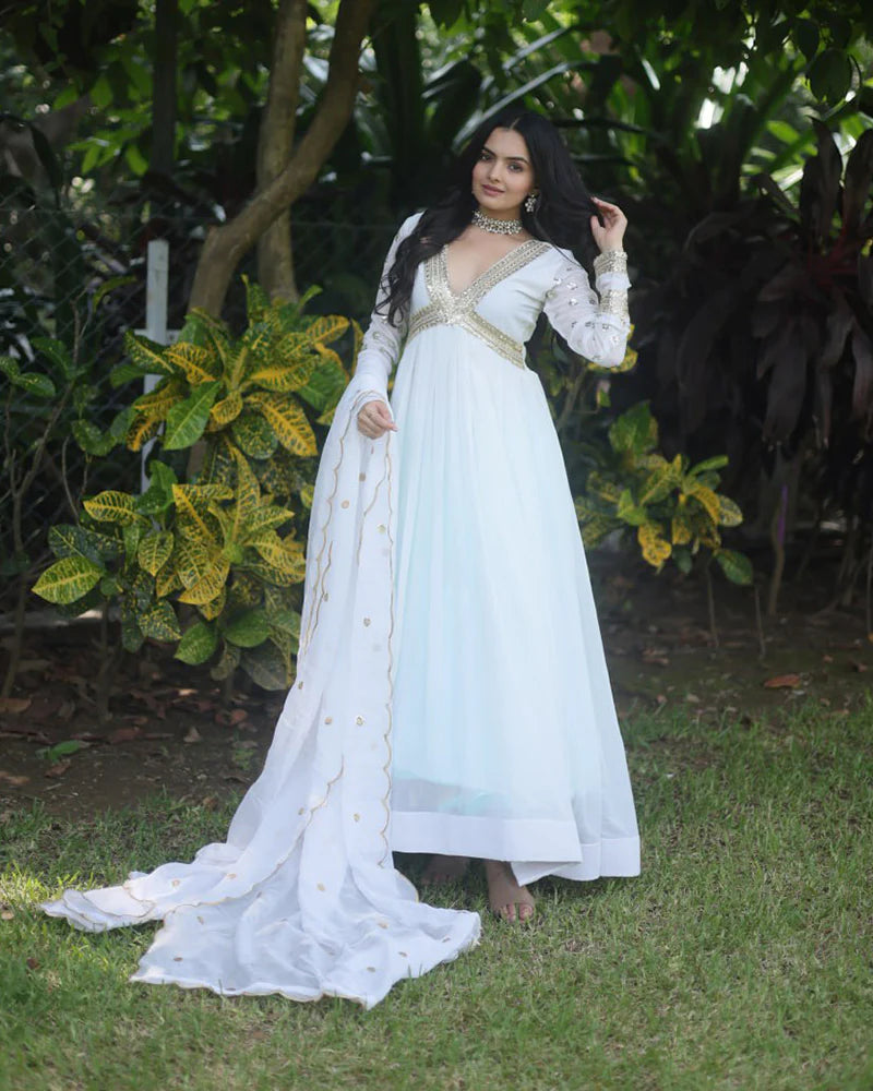 Womenline Wedding Wear Embroidered White Color Alia Cut Gown With Dupatta