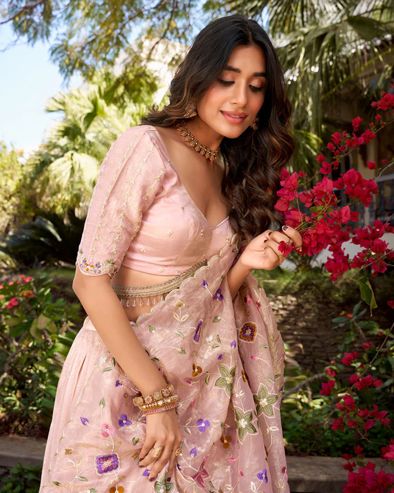 Womenline Light Pink Color Gold Crush Lehenga Choli