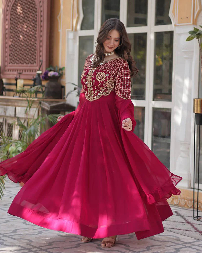 Womenline Rani Pink Color Faux Blooming Georgette Gown With Embroidered Dupatta