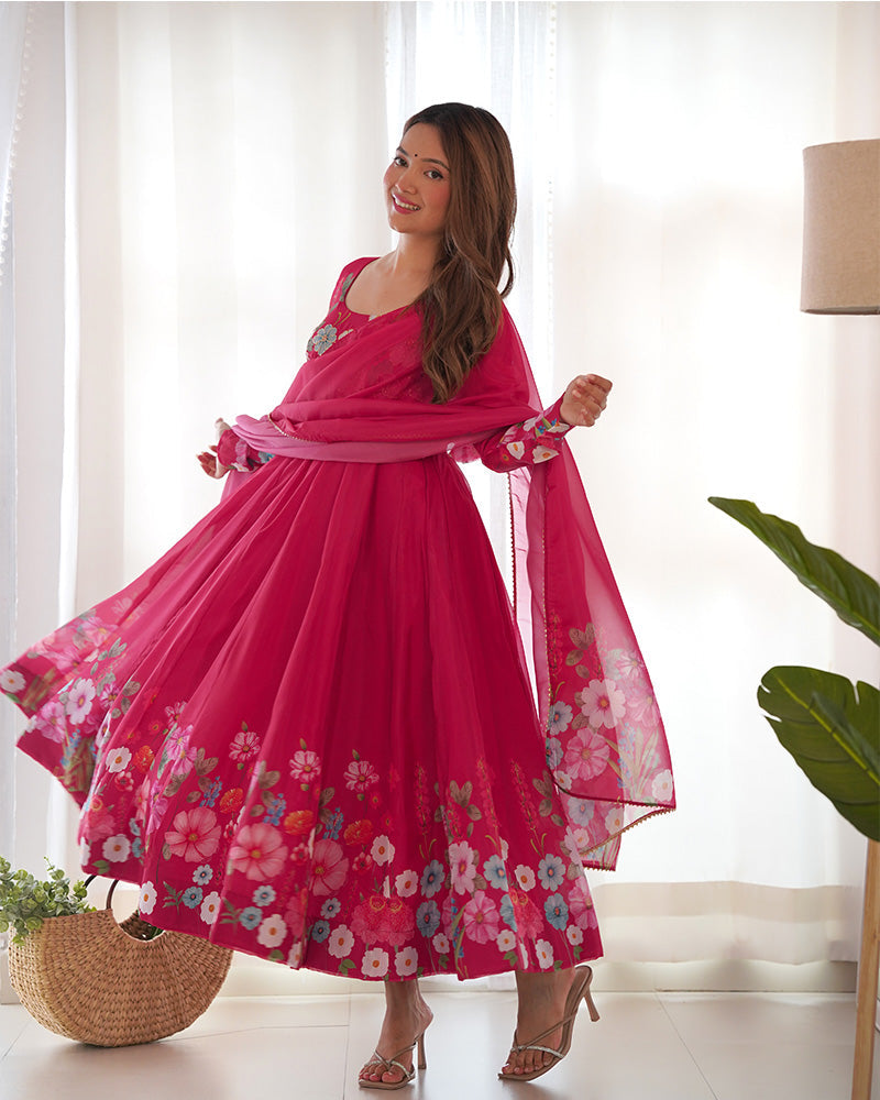 Womenline Rani Pink Color Floral Print Organza Three Piece Anarkali Suit