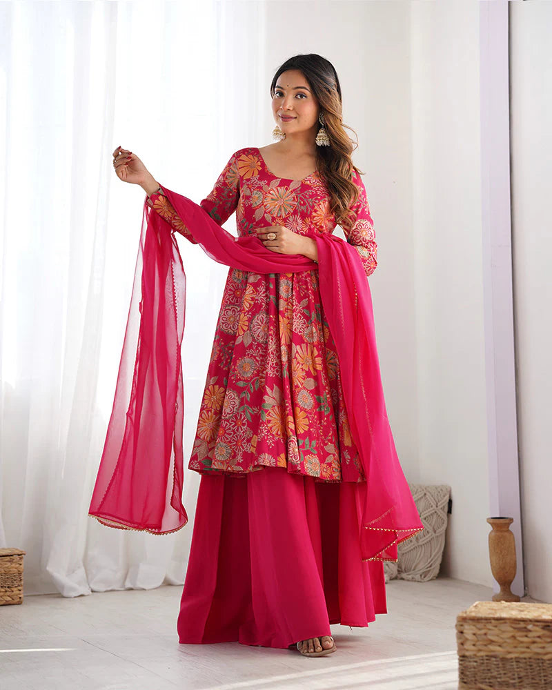 Womenline Rani Pink Color Roman Silk Discharge Printed Plazzo Suit