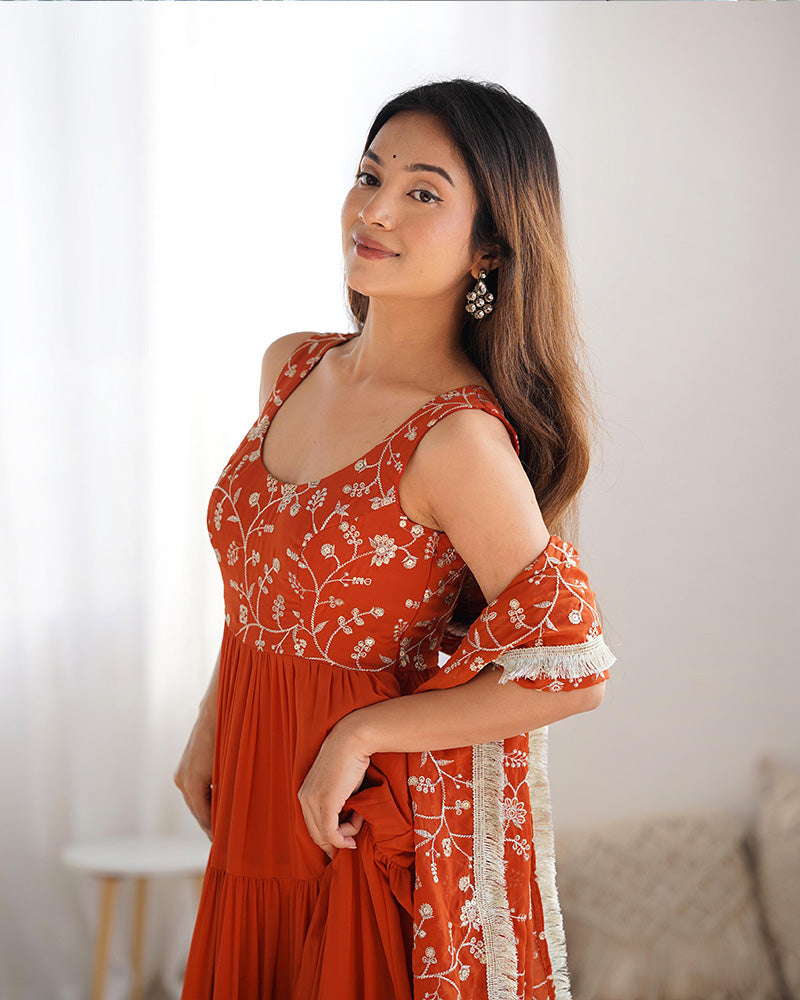 Womenline Orange Color Georgette Five Layer Ruffle Style Anarkali Suit