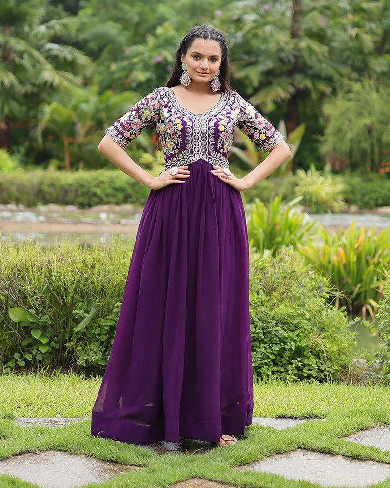 Womenline Purple Color Faux Blooming Embroidered Gown
