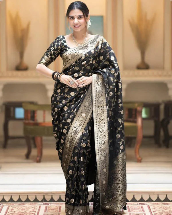 Womenline Black Color Banarasi Jacquard With Zari Work Saree