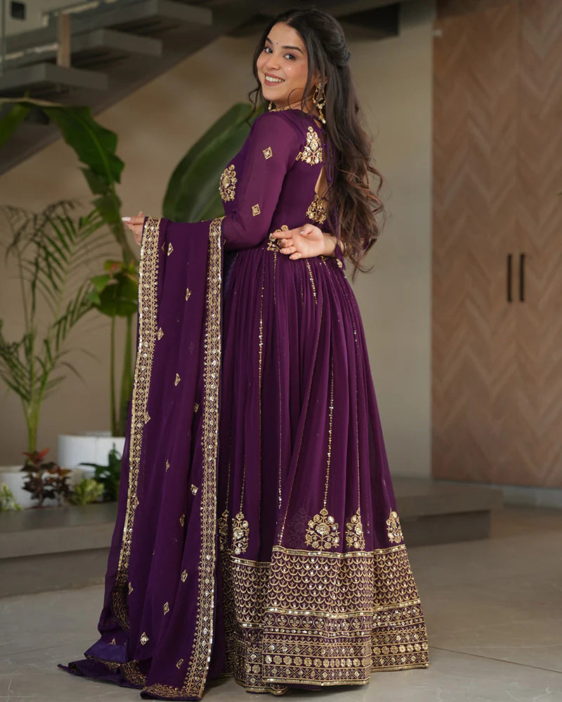 Womenline Royal Purple Color Designer Golden Embroidered Gown