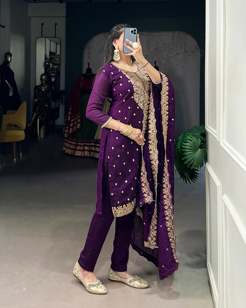 Womenline Purple Color Vichitra Silk Embroidered Three Piece Kurti Suit