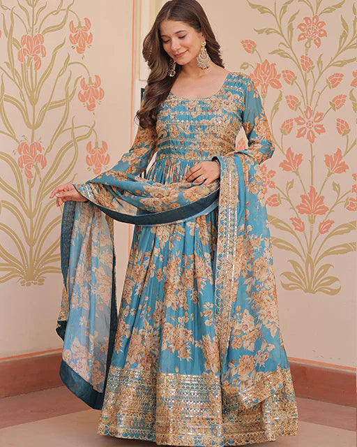 Womenline Sky Blue Color Russian Silk Embroidered Gown