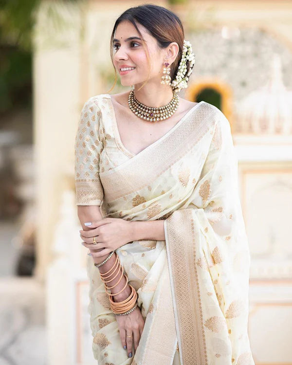 Womenline White Color Banarasi All over Jacquard Soft Silk Saree