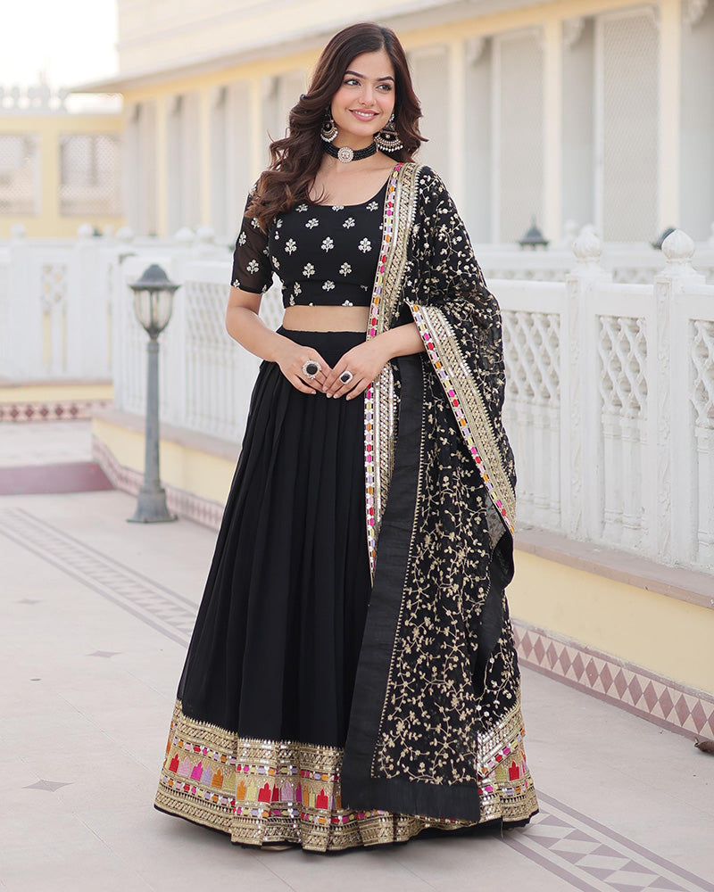 Womenline Black Color Georgette Sequence Embroidered Lehenga Choli