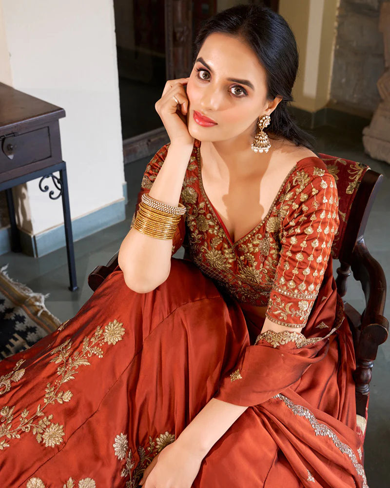 Womenline Rust Orange Color Rangoli Silk Embroidered Lehenga Choli