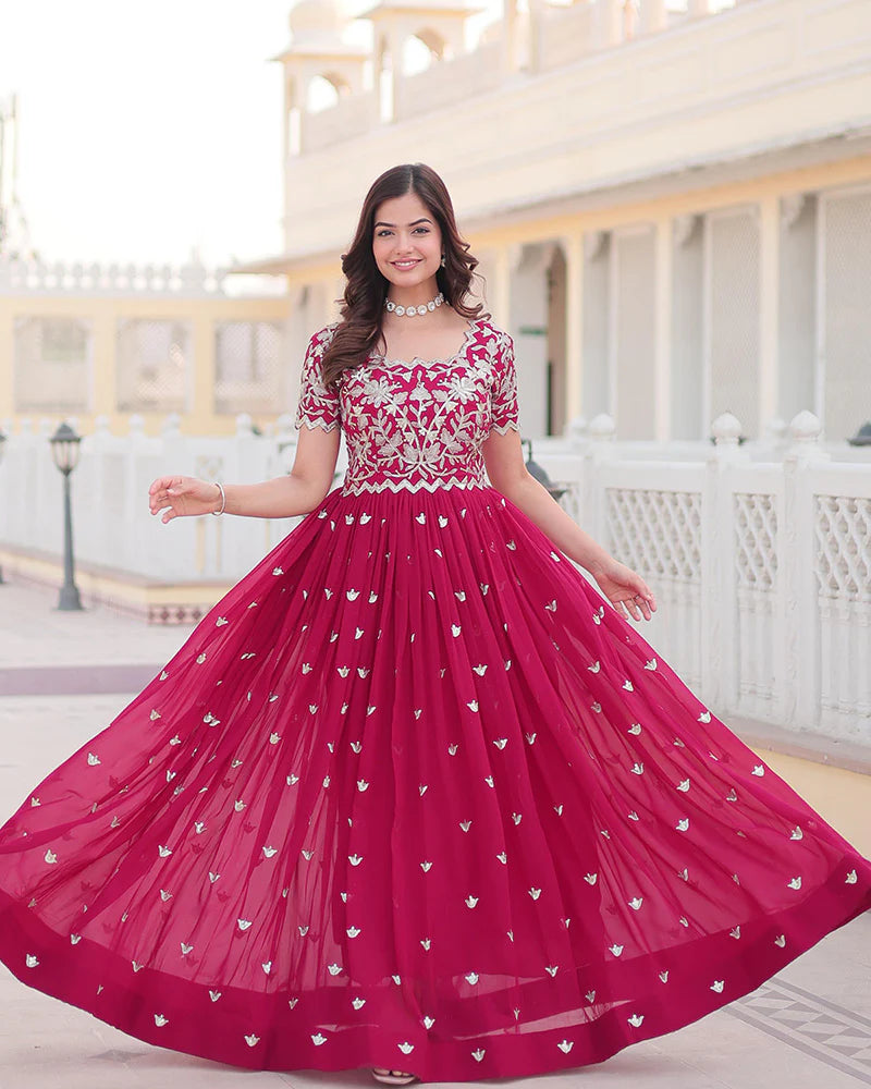 Womenline Rani Pink Color Faux Blooming Sequins Embroidered Anarkali Gown