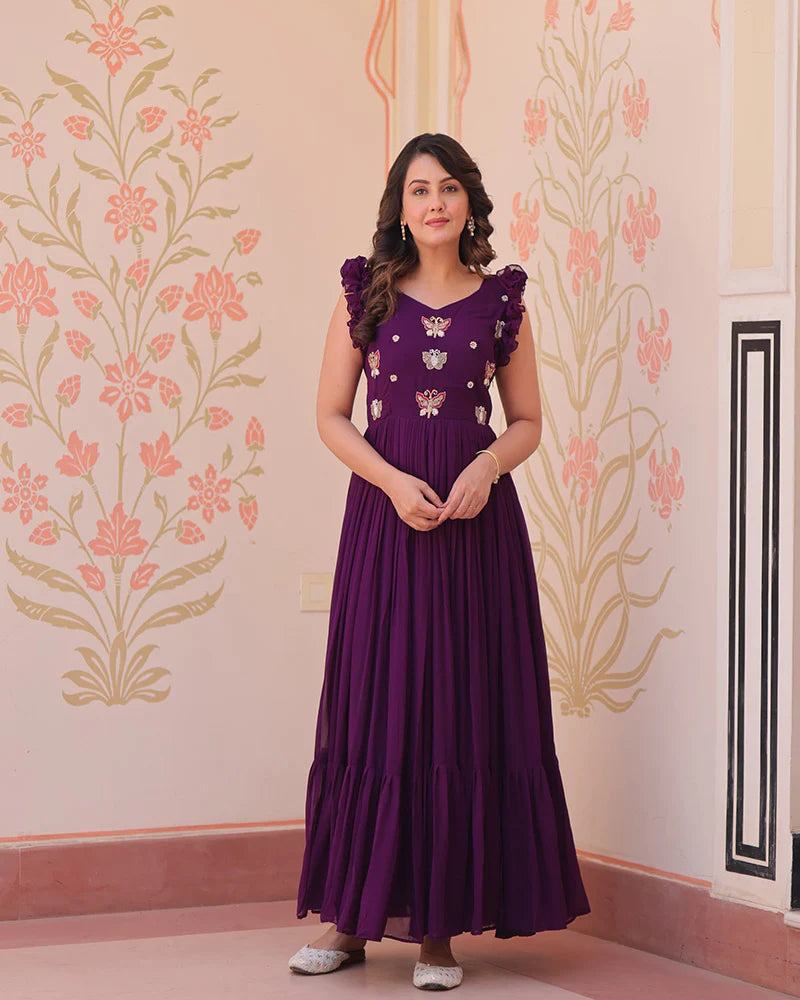 Womenline Wine Color Faux Blooming Embroidered work Gown