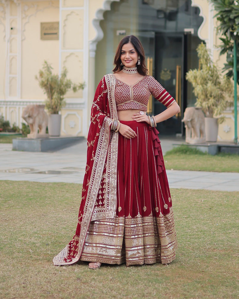 Womenline Wedding Wear Maroon Color Designer Blooming Semi stitched Lehenga Choli