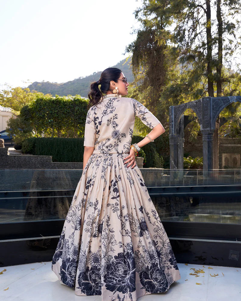 Womenline Cream Color Tussar Silk Lehenga Choli With koti