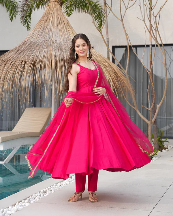 Womenline Rani Pink Color Chanderi Pure Roman Silk Anarkali Suit