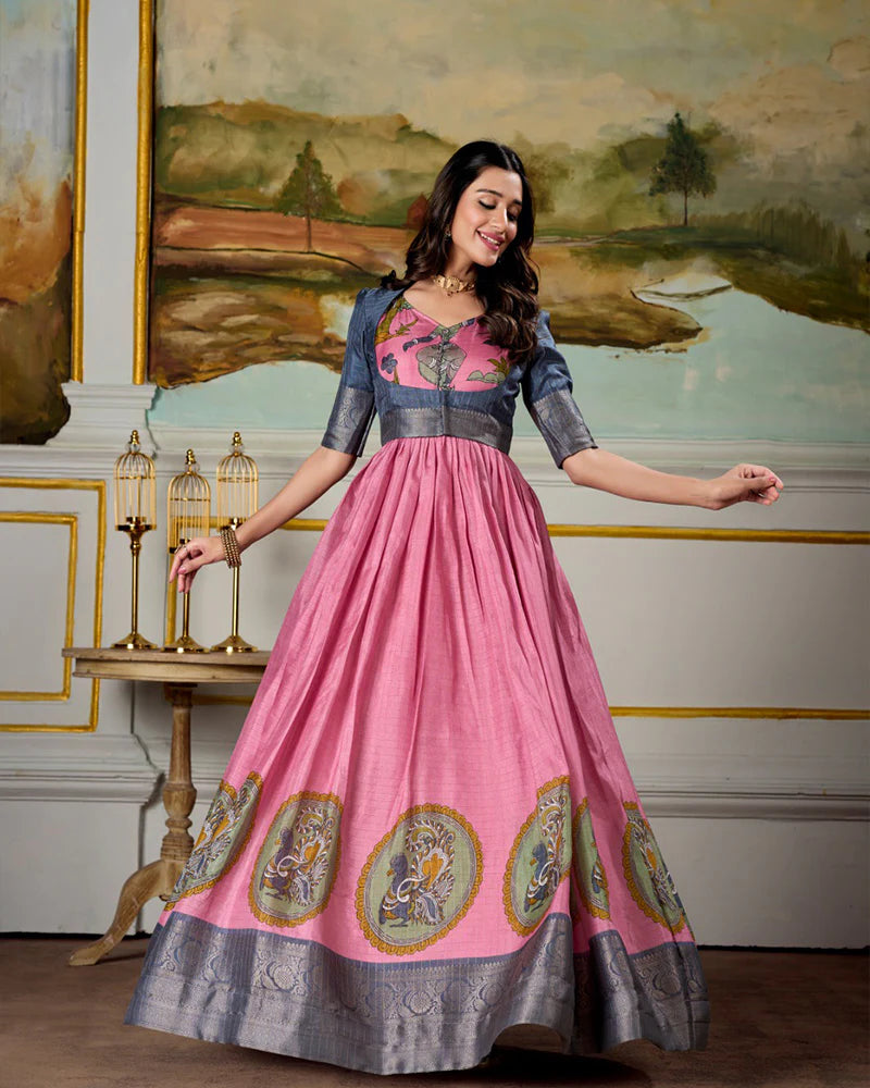 Womenline Pink Color Dola Silk Kalamkari Gown With koti