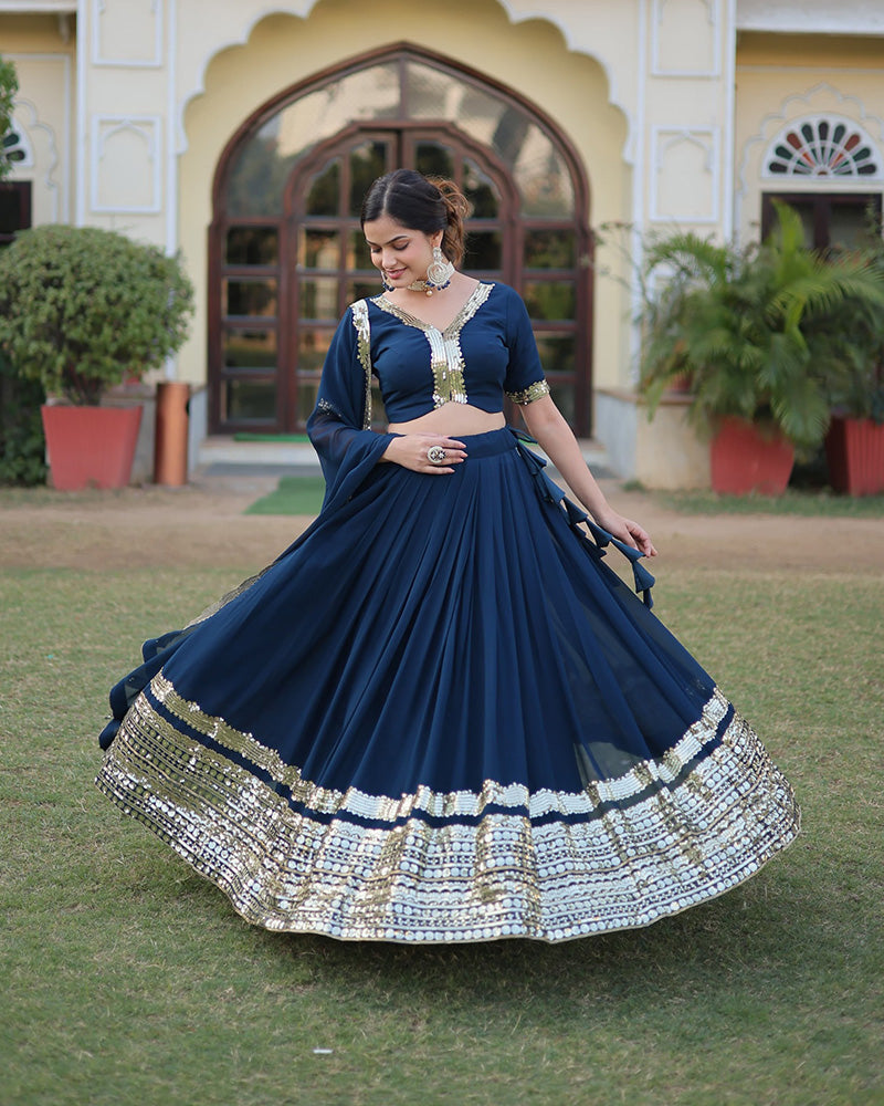 Womenline Rama Color Georgette Sequence Embroidery Lehenga Choli