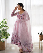 Womenline Baby Pink Color Floral Print Organza Three Piece Anarkali Suit