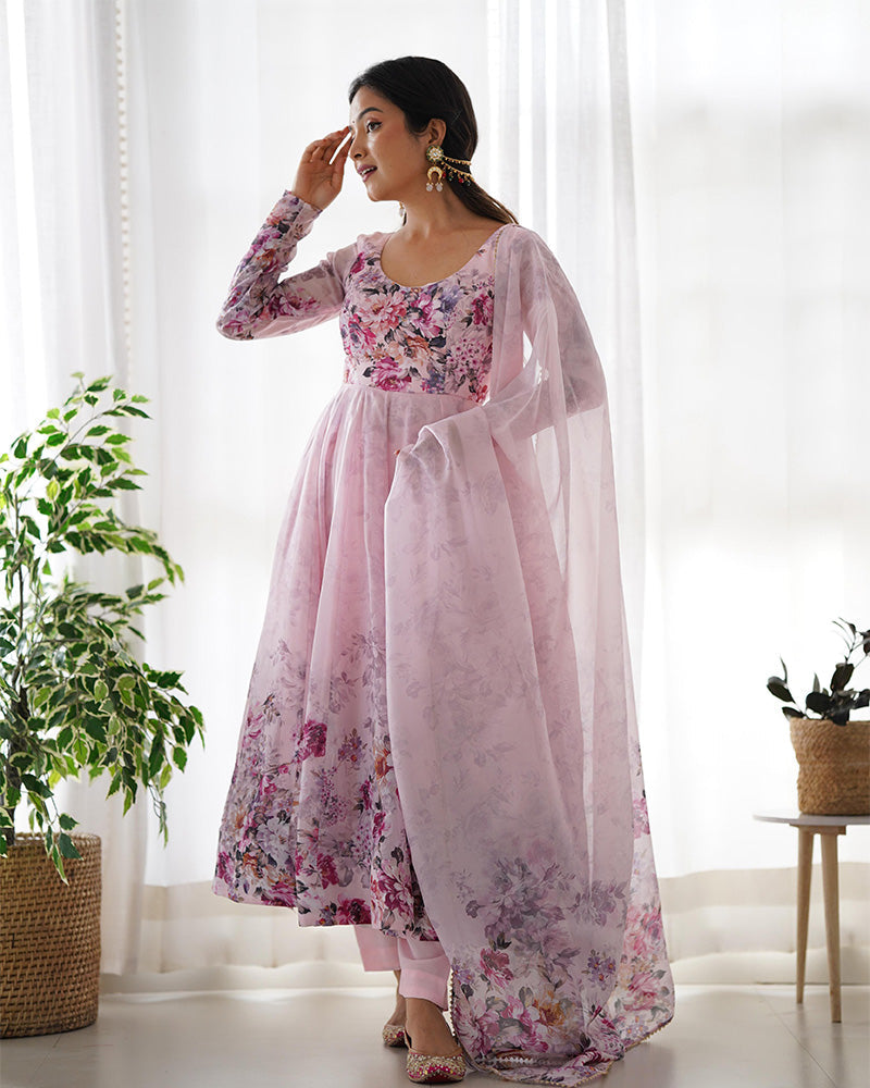 Womenline Baby Pink Color Floral Print Organza Three Piece Anarkali Suit