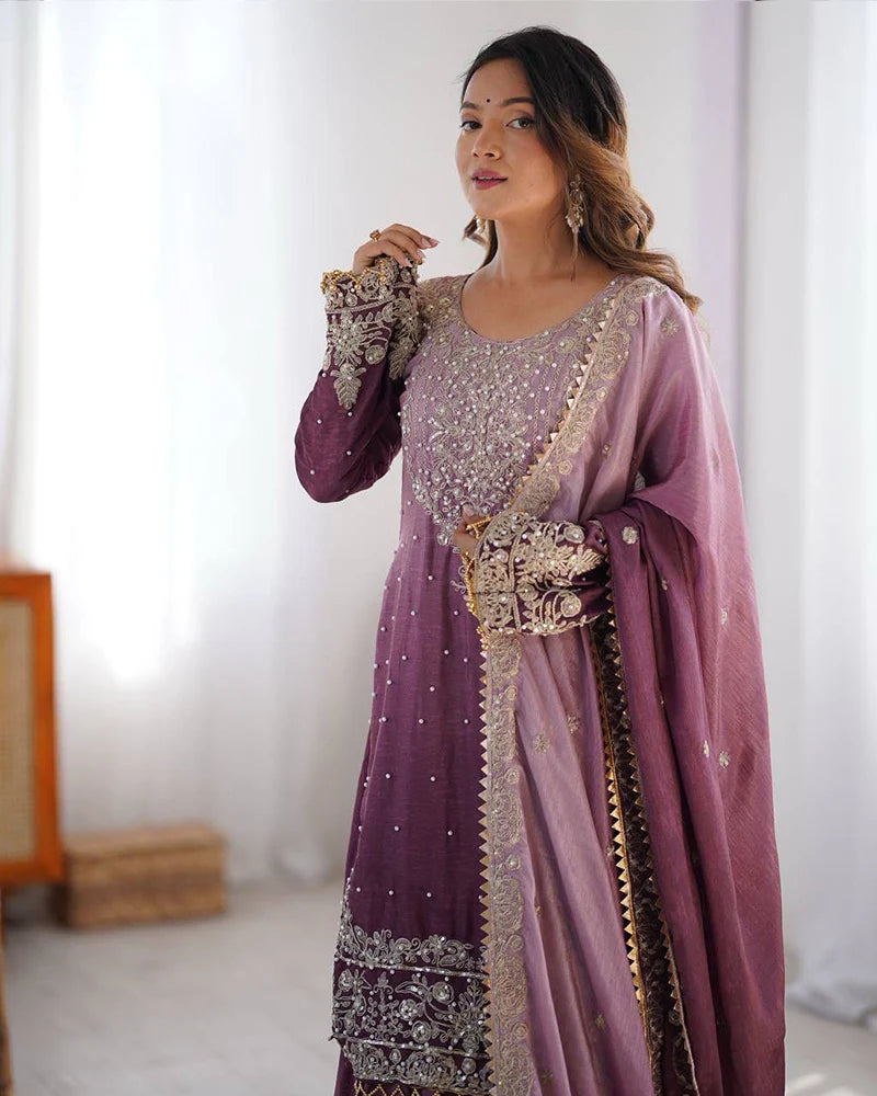 Womenline Onion Color Chinnon Sequence Work Plazzo Suit