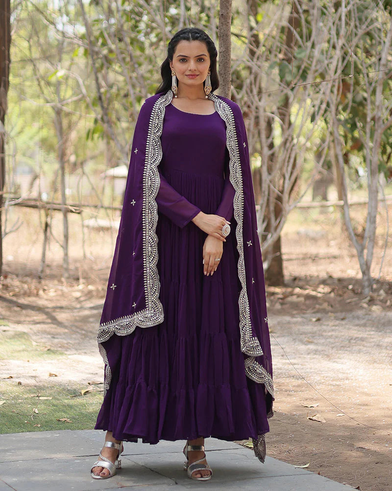Womenline Purple Color Designer Embroidered Gown With Dupatta