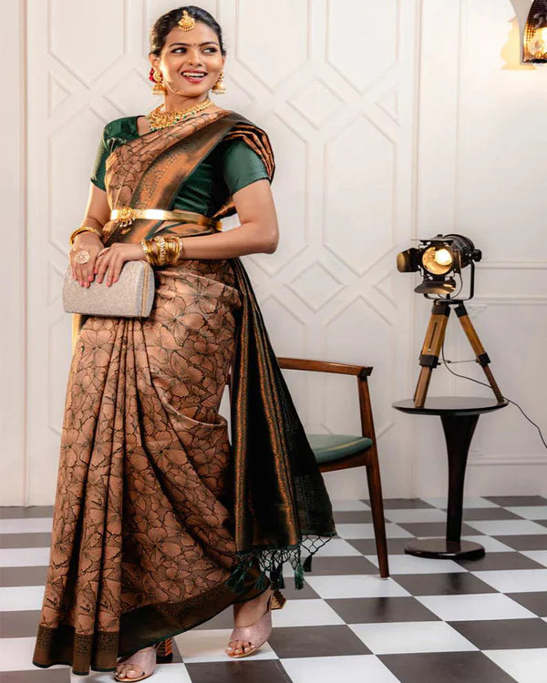 Womenline Cream Color Banarasi Jacquard Soft Silk Saree