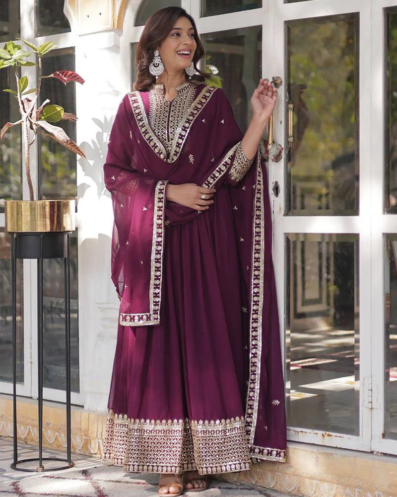 Womenline Wine Color Faux Blooming Rich Embroidered Work Gown