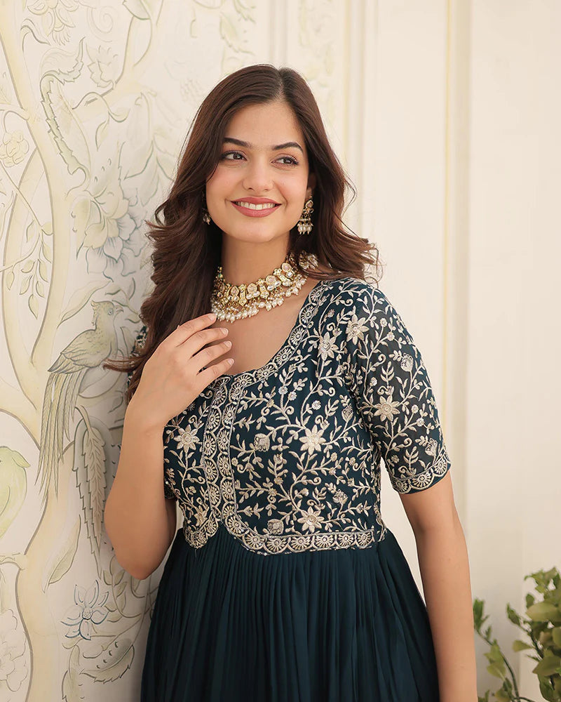 Womenline Rama Color Faux Blooming Zari sequence Embroidered Gown