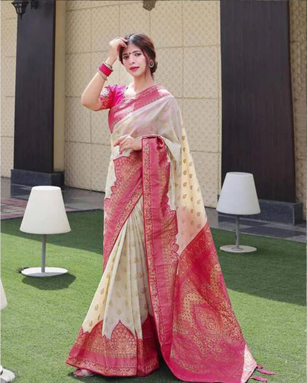Womenline Pink And Cream Color Banarasi Jacquard Soft Silk Saree