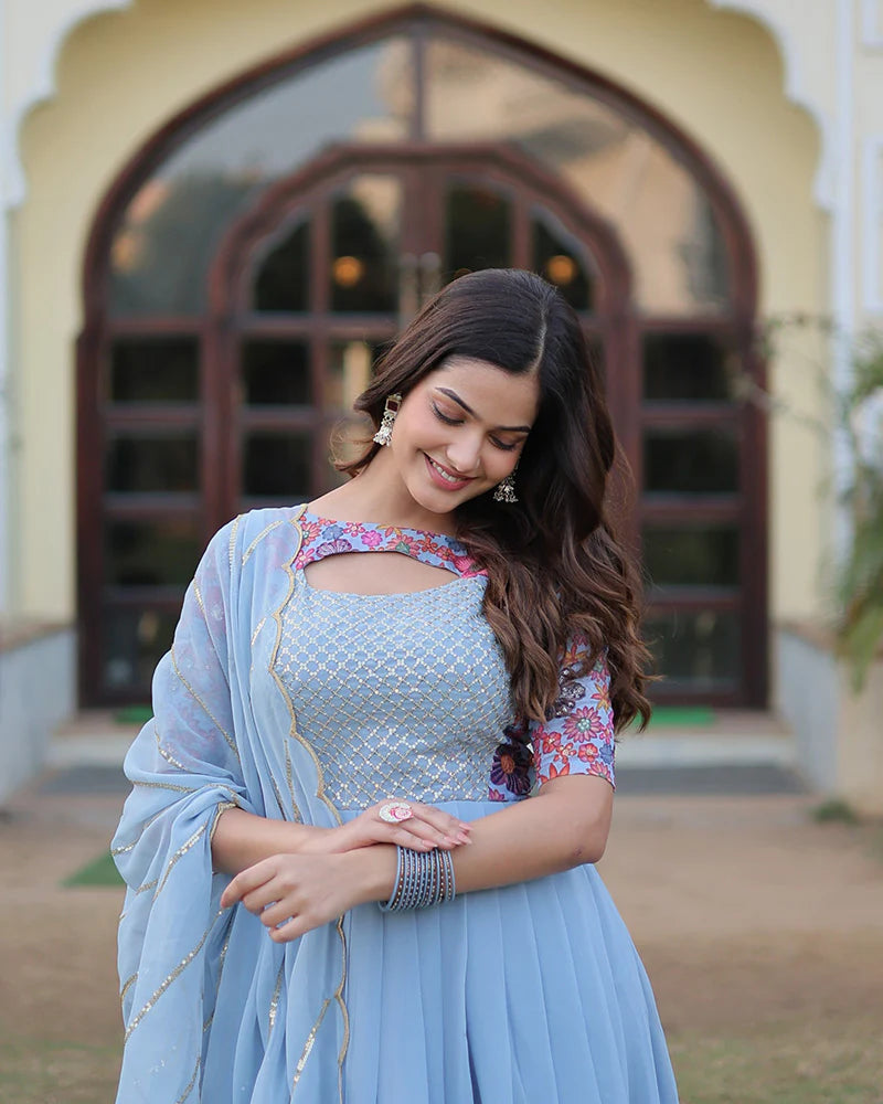 Womenline Sky Blue Color With Fancy Neck Faux Georgette Designer Anarkali Suit