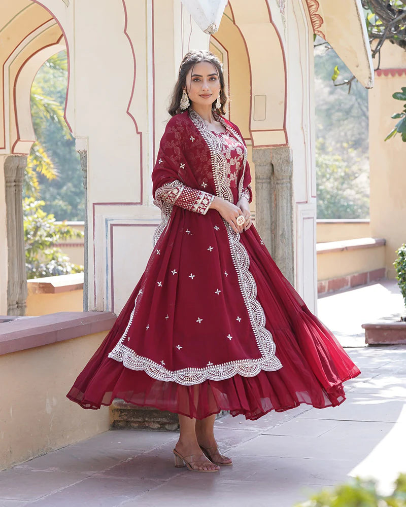 Womenline Maroon Color Anarkali Gown With Faux Blooming Dupatta