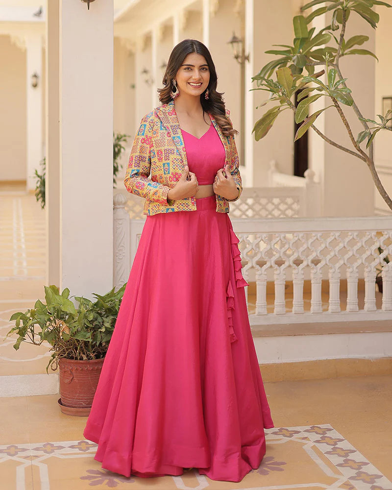 Womenline Pink Color Pure Chinnon Lehenga Choli