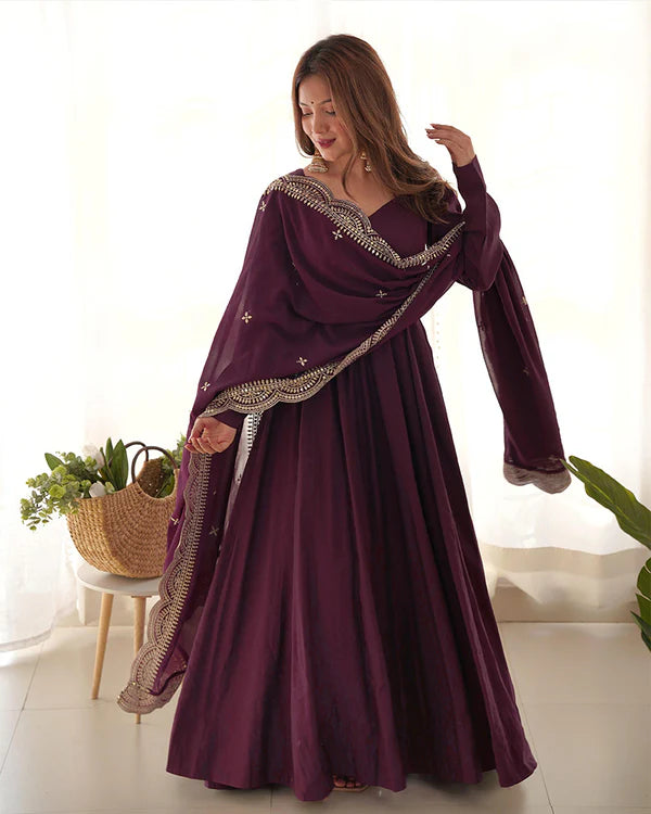 Womenline Beautiful Wine Color Pure Chanderi Silk Three Piece Anarkali Suit