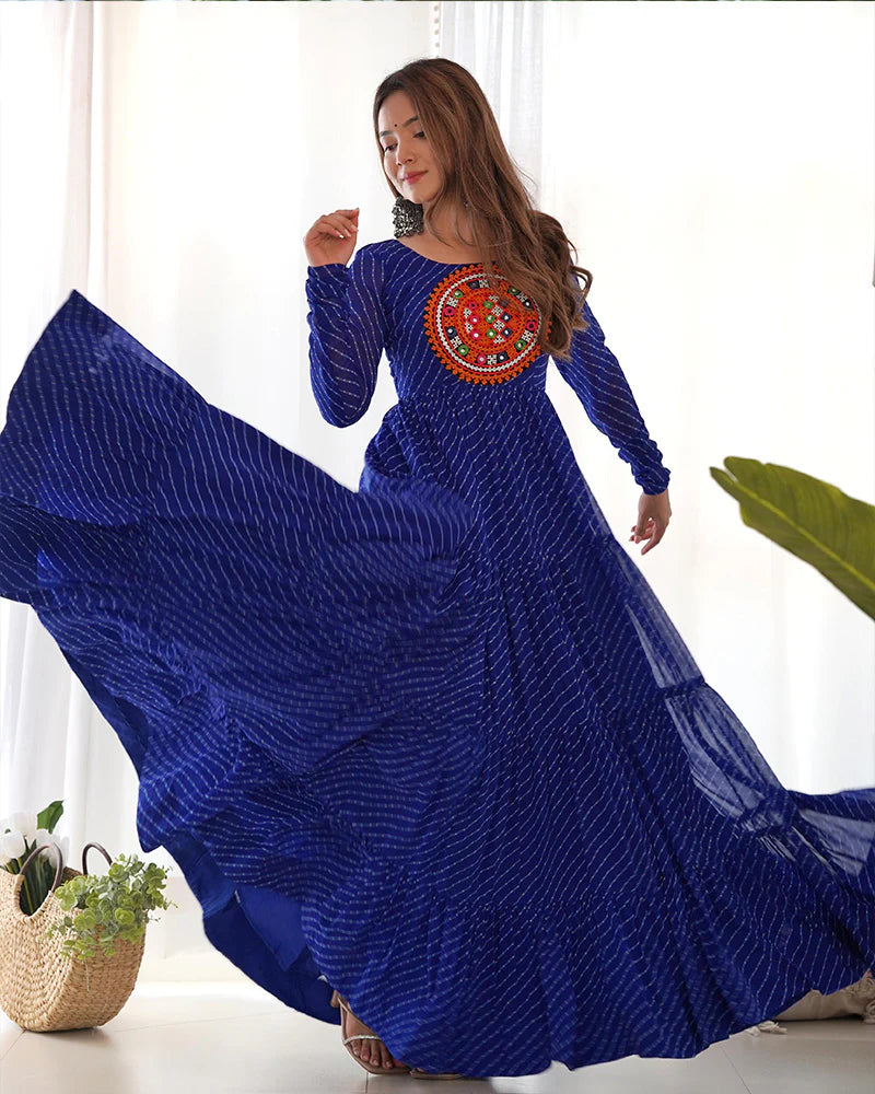 Womenline Royal Blue Color Georgette Laheriya Print Navratri Gown