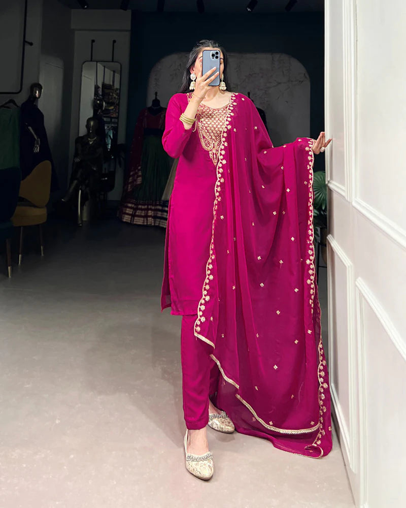 Womenline Pink Color Organza Three Piece Kurti Suit