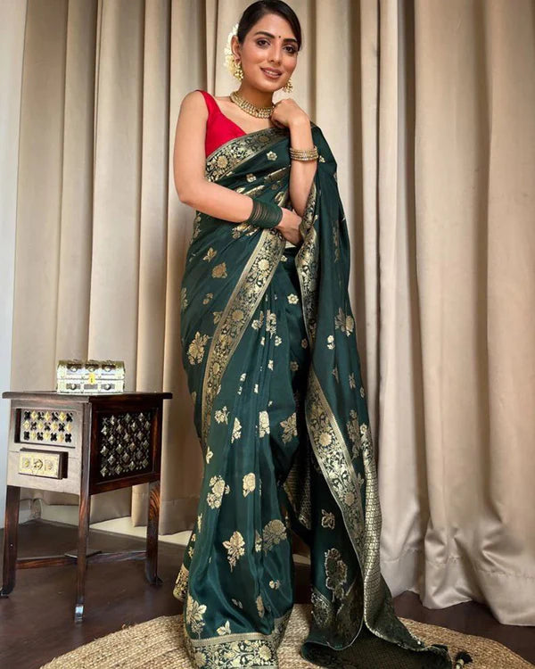 Womenline Dark Green Color Big Flower Design Banarasi Soft Silk Saree