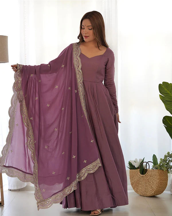 Womenline Onion Color Pure Chanderi Silk Three Piece Anarkali Suit