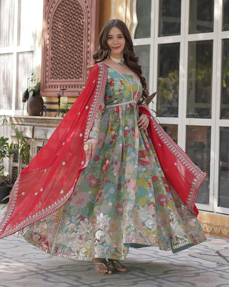 Womenline Lime Green Color Alia Cut Embroidered Gown With Dupatta
