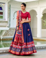 Womenline Navy Blue Color Tussar Silk Patola Printed Half Saree